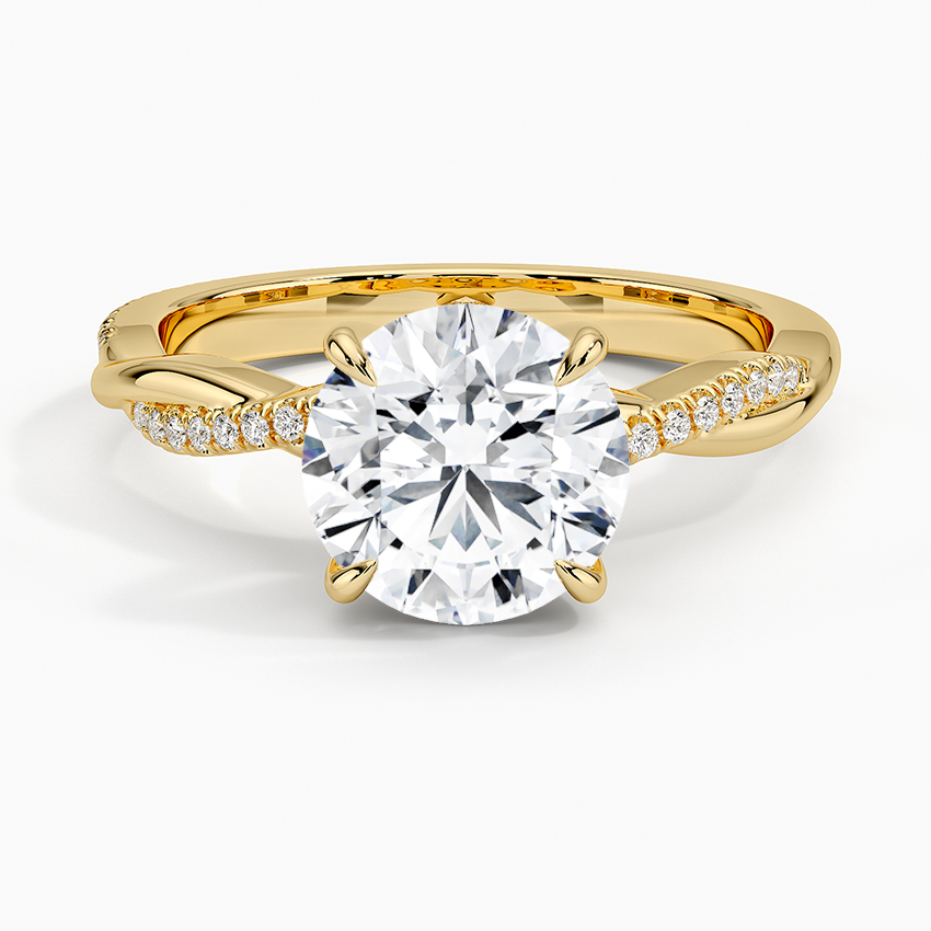 Round Cut Moissanite Engagement Ring, Twisted Pave Band Diamond Ring, Solid Gold Promise Ring