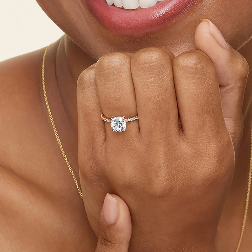 Oval Cut Diamond Engagement Ring, Pave Band Solitaire Ring, Oval Moissanite Engagement Ring