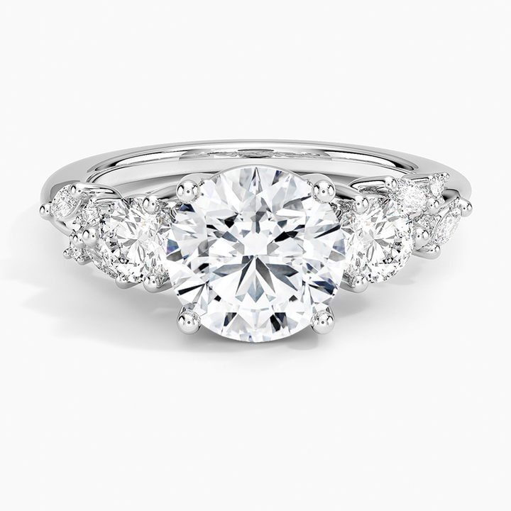 Round Cut Moissanite Engagement Ring with Marquise Side Stones, Solid Gold Promise Ring, l Diamond Ring