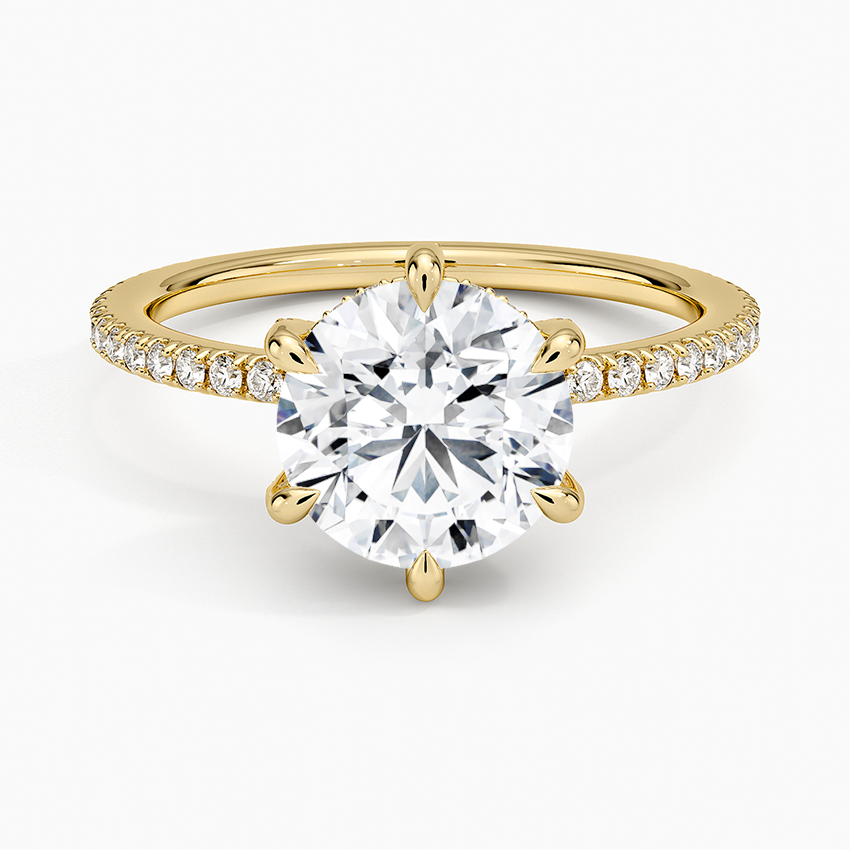 Round Cut Moissanite Engagement Ring, 6 Prong Solitaire Ring, Pave Diamond Band