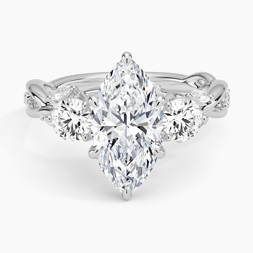 Marquise Cut Moissanite Engagement Ring, Vintage Leaf Band Diamond Ring, Nature Inspired Bridal Ring