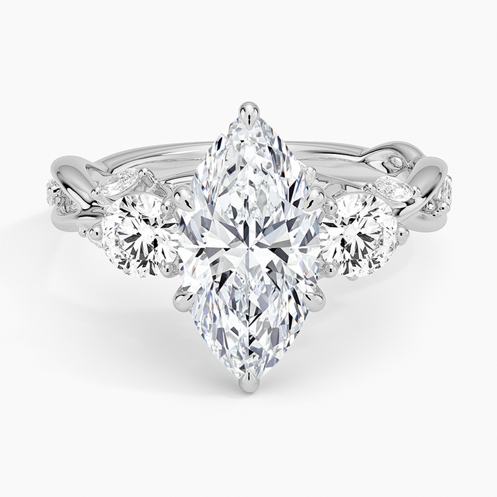 Marquise Cut Moissanite Engagement Ring, Vintage Leaf Band Diamond Ring, Nature Inspired Bridal Ring