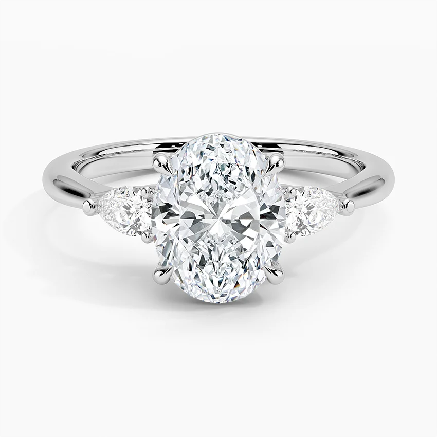 Oval Cut Diamond Engagement Ring, Three Stone Diamond Ring, Pear Side Stone Ring