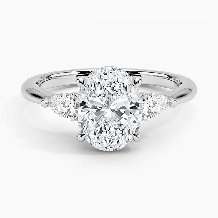 Oval Cut Diamond Engagement Ring, Three Stone Diamond Ring, Pear Side Stone Ring