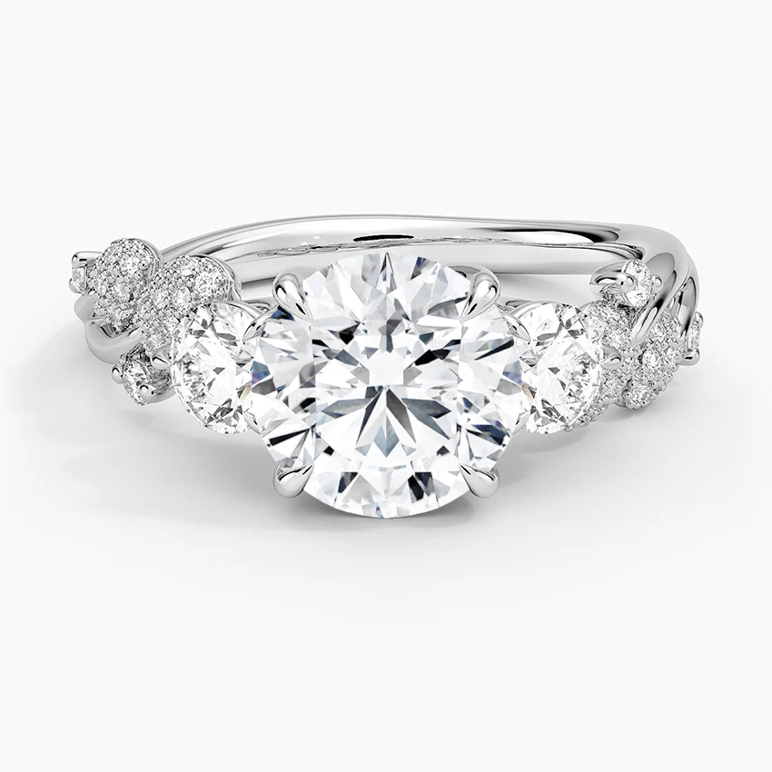 Floral Diamond Engagement Ring, Round Cut 3 Stone Ring, Leaf Inspired Diamond Ring