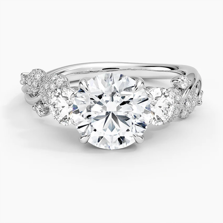 Floral Diamond Engagement Ring, Round Cut 3 Stone Ring, Leaf Inspired Diamond Ring