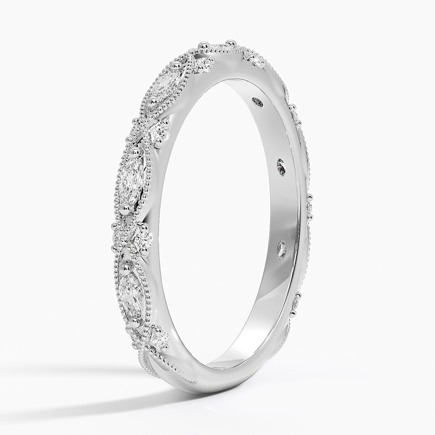Marquise & Round Diamond Wedding Band, Vintage Milgrain Diamond Ring, Curved Stackable Anniversary Ring