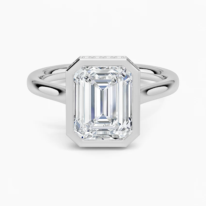 Emerald Cut Diamond Engagement Ring in Bezel Setting, Hidden Halo Split Shank Ring, Minimalist Luxury Ring