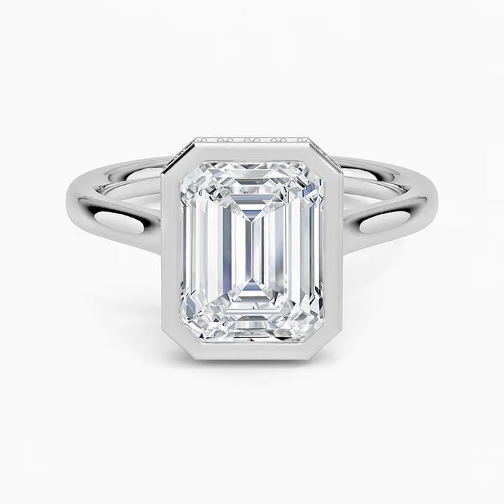 Emerald Cut Diamond Engagement Ring in Bezel Setting, Hidden Halo Split Shank Ring, Minimalist Luxury Ring