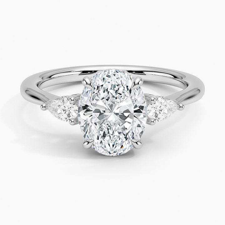 Oval Cut Diamond Engagement Ring with Marquise Side Stones, 3 Stone Ring,Minimalist Bridal Ring