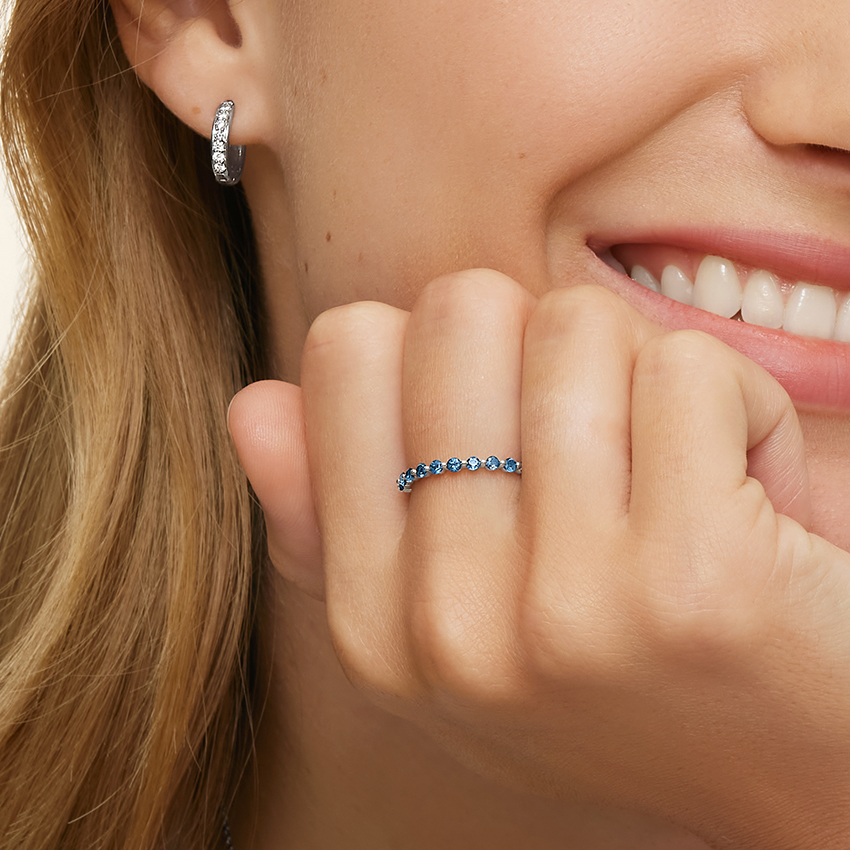 Blue Diamond Eternity Band Ring, Minimalist Stackable Wedding Band, Round Cut Blue Stone Ring