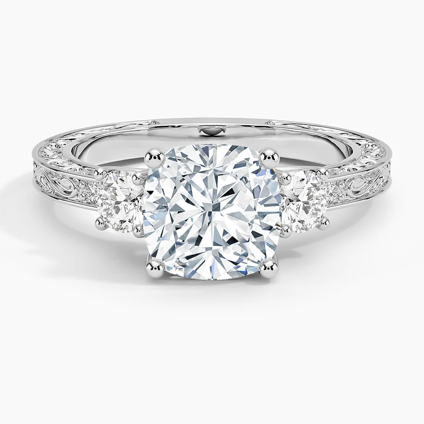 Vintage Three Stone Diamond Engagement Ring, Round Cut Center Diamond Ring, Floral Engraved Band