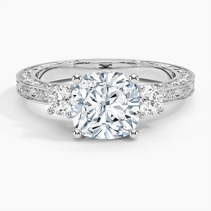 Vintage Three Stone Diamond Engagement Ring, Round Cut Center Diamond Ring, Floral Engraved Band