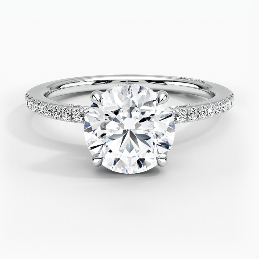 Round Brilliant Cut Solitaire Diamond Engagement Ring with Pavé Band, Minimalist Bridal Ring, Classic Proposal Ring