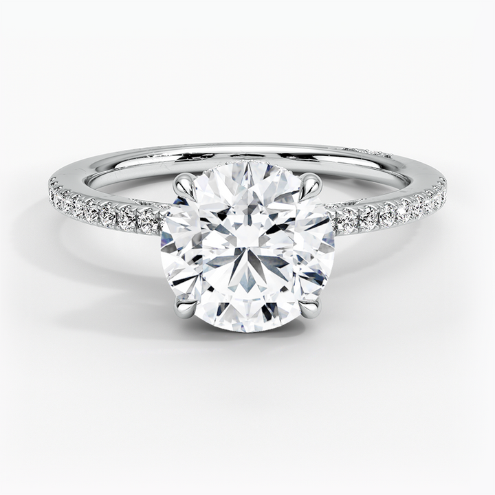 Round Brilliant Cut Solitaire Diamond Engagement Ring with Pavé Band, Minimalist Bridal Ring, Classic Proposal Ring