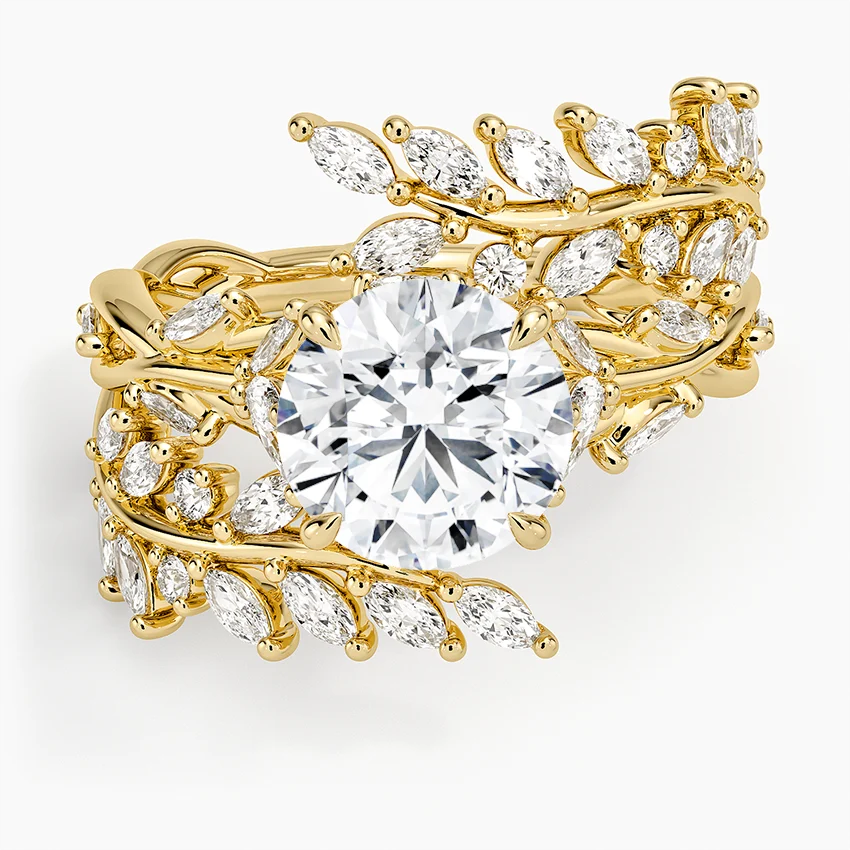 Nature-Inspired Leaf Moissanite Engagement Ring, Round Cut Center Stone with Marquise Diamond Vine Band