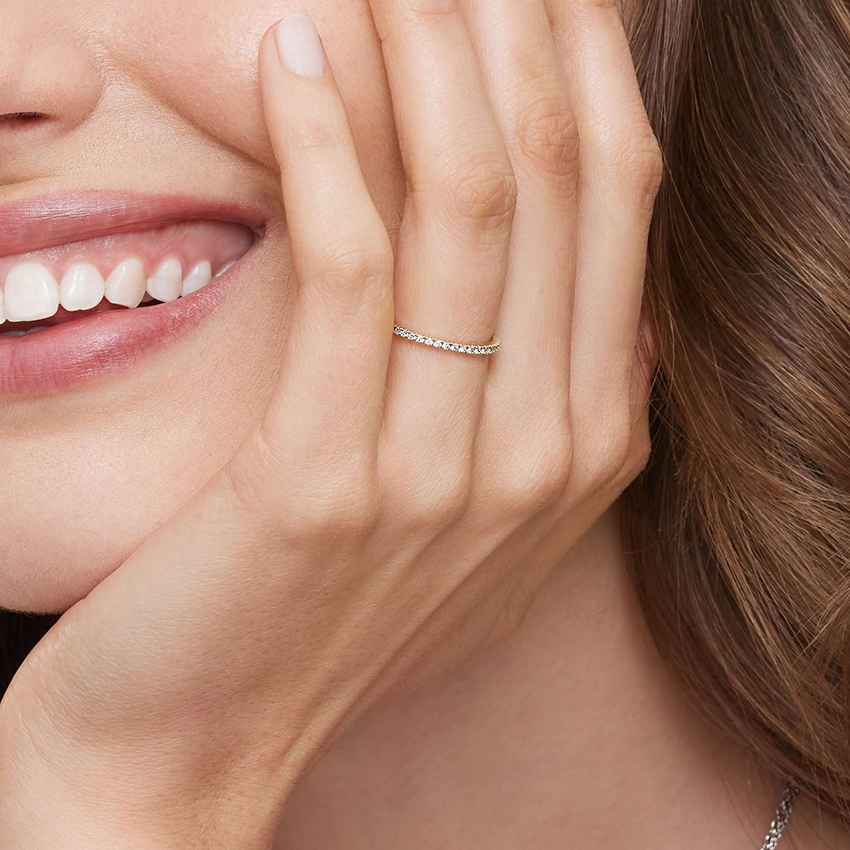 Minimalist Diamond Half Eternity Ring, Thin Pave Wedding Band, Stackable Gold Ring