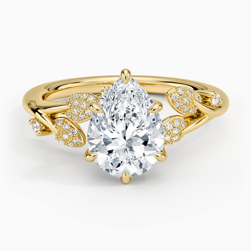 Pear Cut Diamond Leaf Engagement Ring, Nature Inspired Bridal Ring, Vine Style Diamond Ring