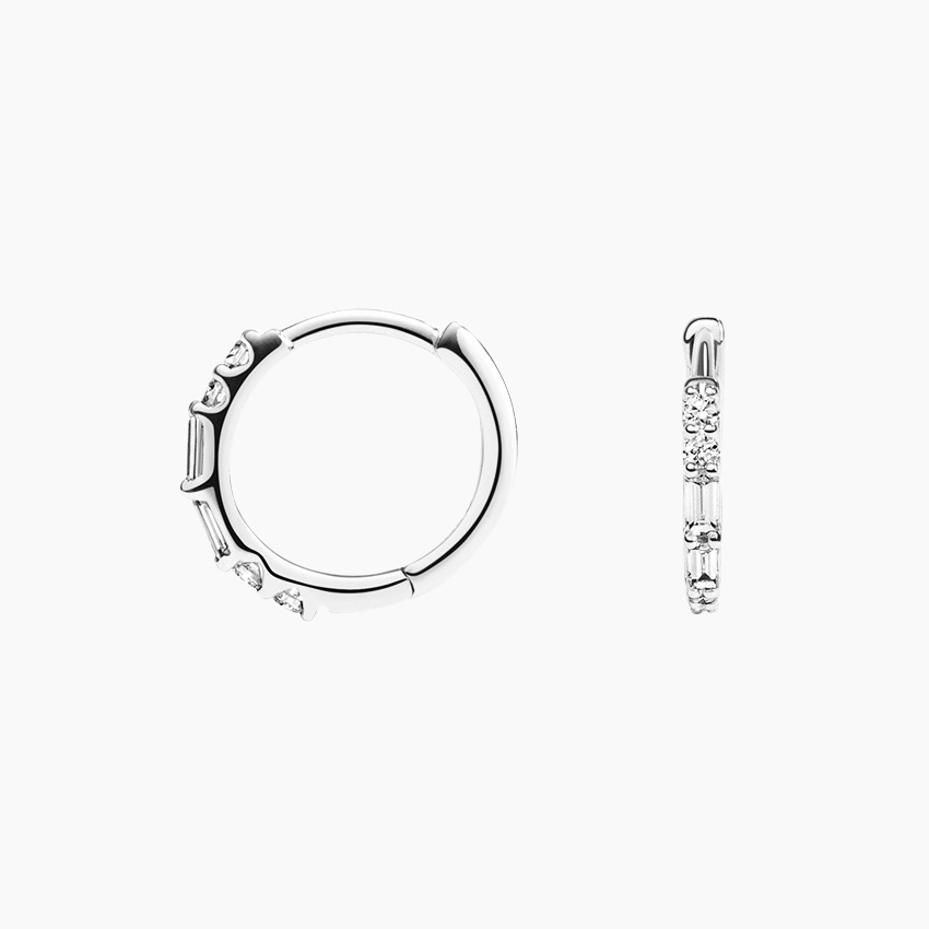Diamond Baguette & Round Hoop Earrings, Minimalist Gold & Silver Huggie Hoops