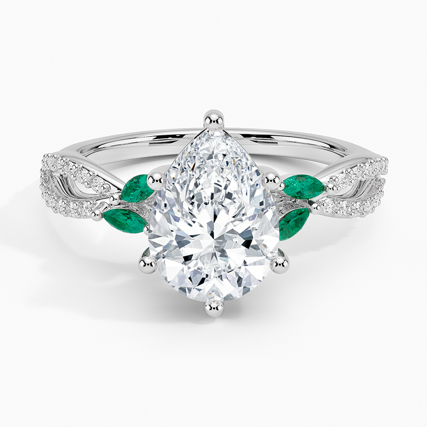 Pear Cut Moissanite Engagement Ring with Emerald Accents, Nature Inspired Leaf Ring, Split Shank Diamond Ring