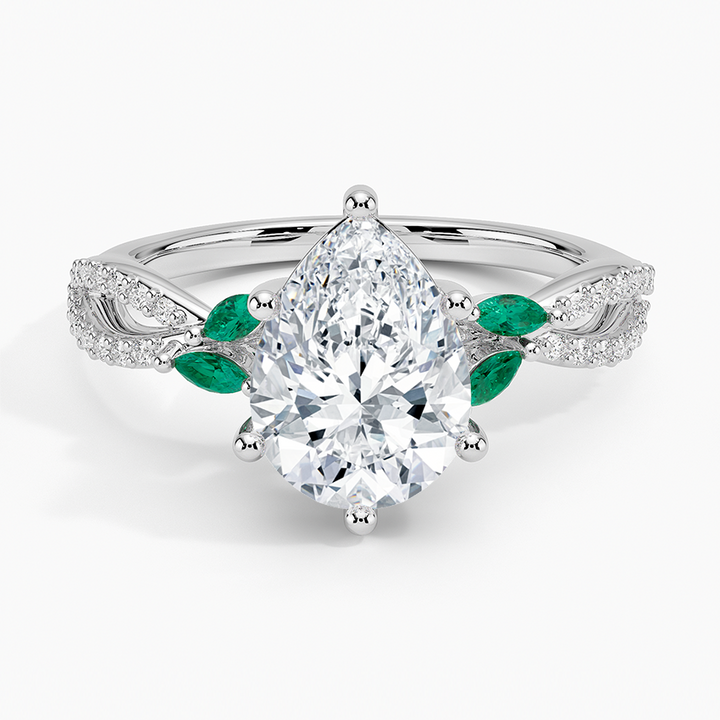 Pear Cut Moissanite Engagement Ring with Emerald Accents, Nature Inspired Leaf Ring, Split Shank Diamond Ring