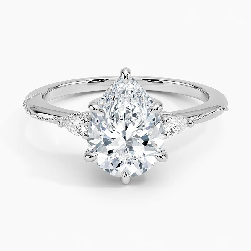Pear Cut Diamond Engagement Ring with Side Stones, Minimalist Solitaire Ring, Milgrain Band
