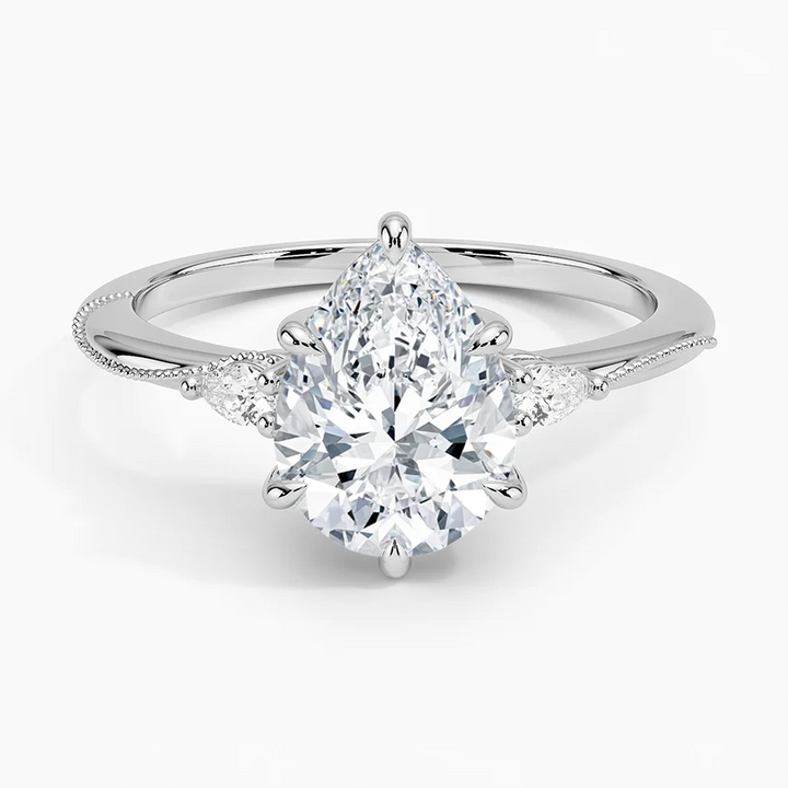 Pear Cut Diamond Engagement Ring with Side Stones, Minimalist Solitaire Ring, Milgrain Band