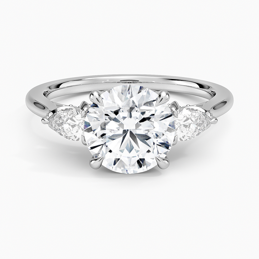 Round Cut Three Stone Diamond Engagement Ring, Marquise Side Stones, Minimalist Bridal Ring