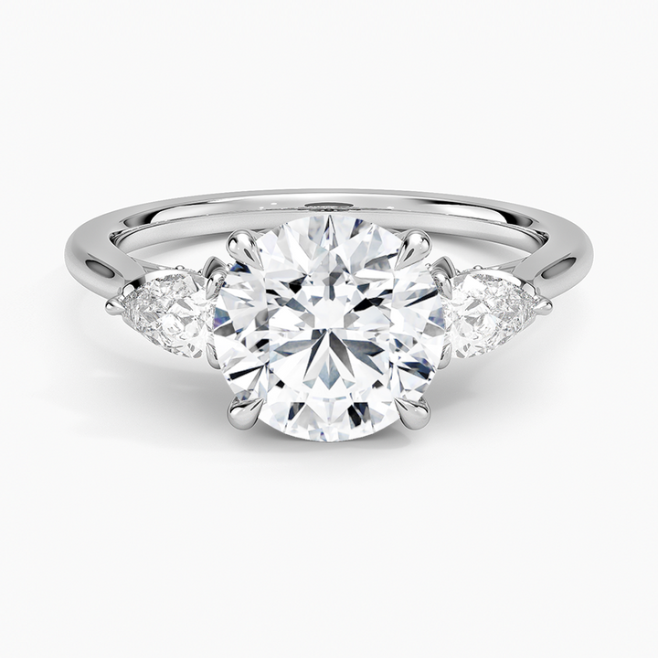 Round Cut Three Stone Diamond Engagement Ring, Marquise Side Stones, Minimalist Bridal Ring