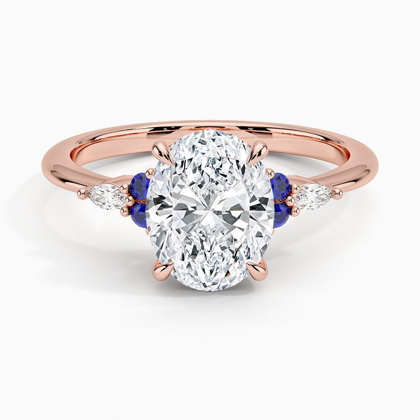 Oval Cut Diamond Engagement Ring with Blue Sapphire Accents, Three Stone Ring, Solid Gold Promise Ring