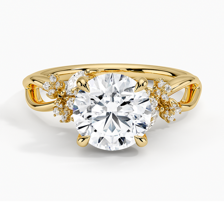 Round Cut Diamond Engagement Ring, Floral Cluster Side Stones Ring, Nature Inspired Bridal Ring