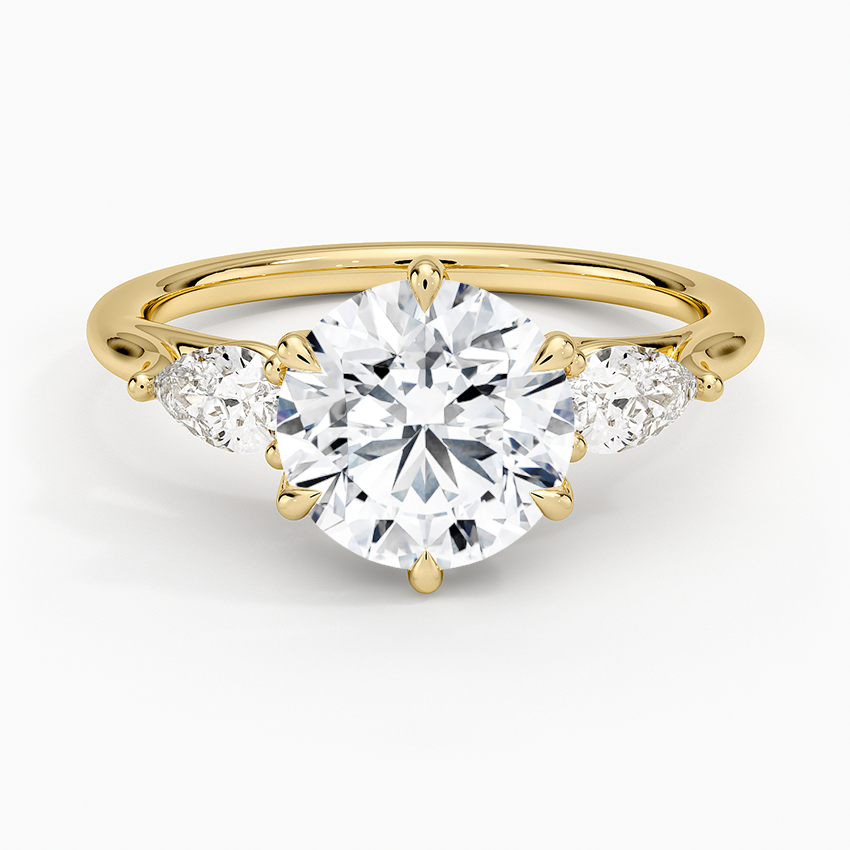 Round Cut Moissanite Engagement Ring with Pear Side Stones, 3 Stone Diamond Ring, Solid Gold Promise Ring