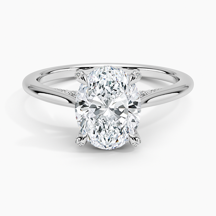 Oval Cut Moissanite Engagement Ring, Split Shank Hidden Halo Ring, Minimalist Bridal Ring