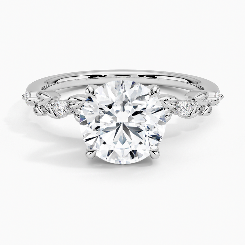 Round Cut Diamond Engagement Ring, Nature Inspired Leaf Band Ring, Floral Vine Gold Ring