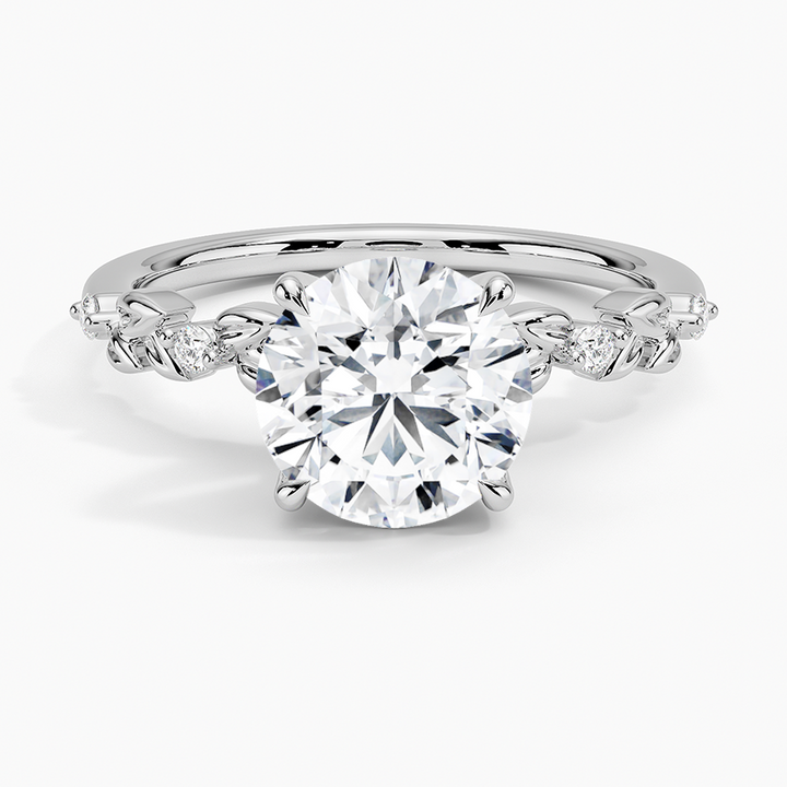 Round Cut Diamond Engagement Ring, Nature Inspired Leaf Band Ring, Floral Vine Gold Ring