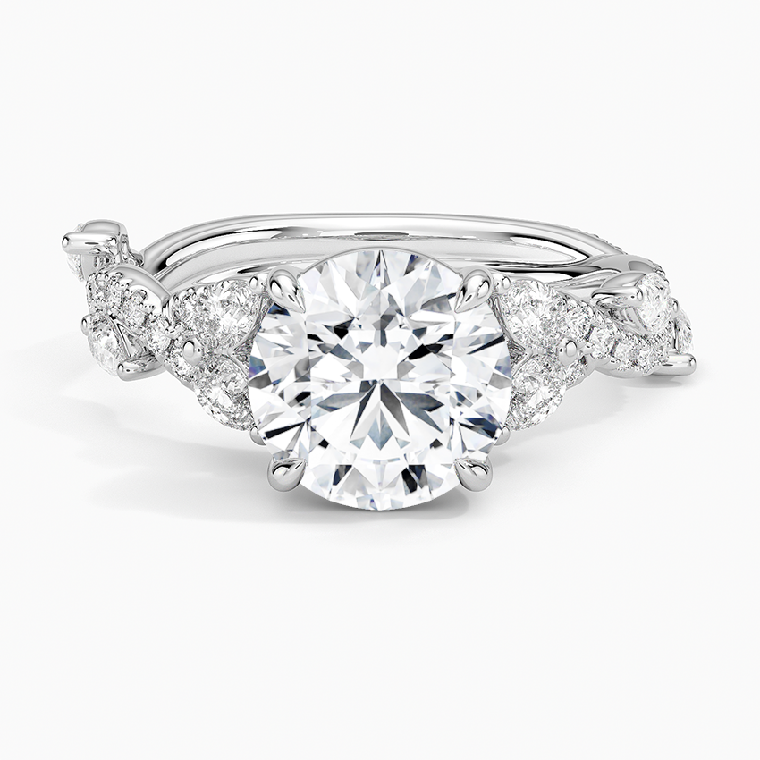 Round Cut Moissanite Engagement Ring, Twisted Pave Diamond Band, Vintage Inspired Bridal Ring