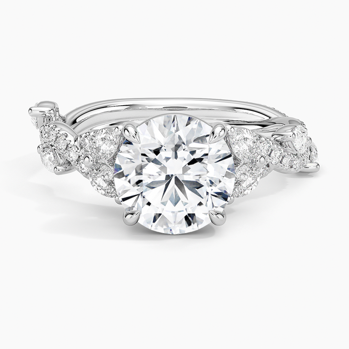 Round Cut Moissanite Engagement Ring, Twisted Pave Diamond Band, Vintage Inspired Bridal Ring