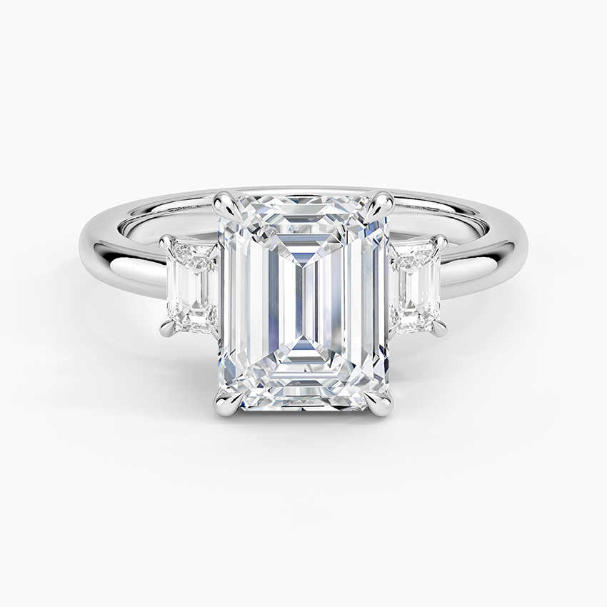 Emerald Cut Diamond Three Stone Ring, Engagement Ring, Classic Solitaire with Side Baguettes