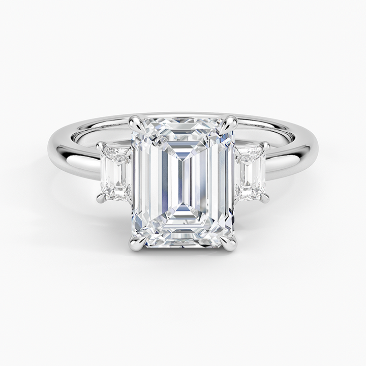 Emerald Cut Diamond Three Stone Ring, Engagement Ring, Classic Solitaire with Side Baguettes