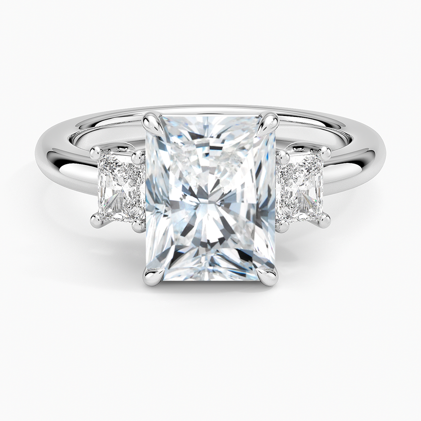 Radiant Cut Three Stone Diamond Engagement Ring, Solid Gold, Side Diamond Ring
