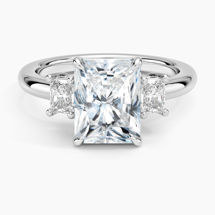 Radiant Cut Three Stone Diamond Engagement Ring, Solid Gold, Side Diamond Ring
