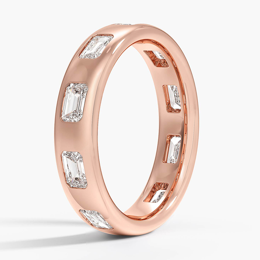 Emerald Cut Diamond Band Ring, Bezel Set Diamond Wedding Band, Wide Gold Ring