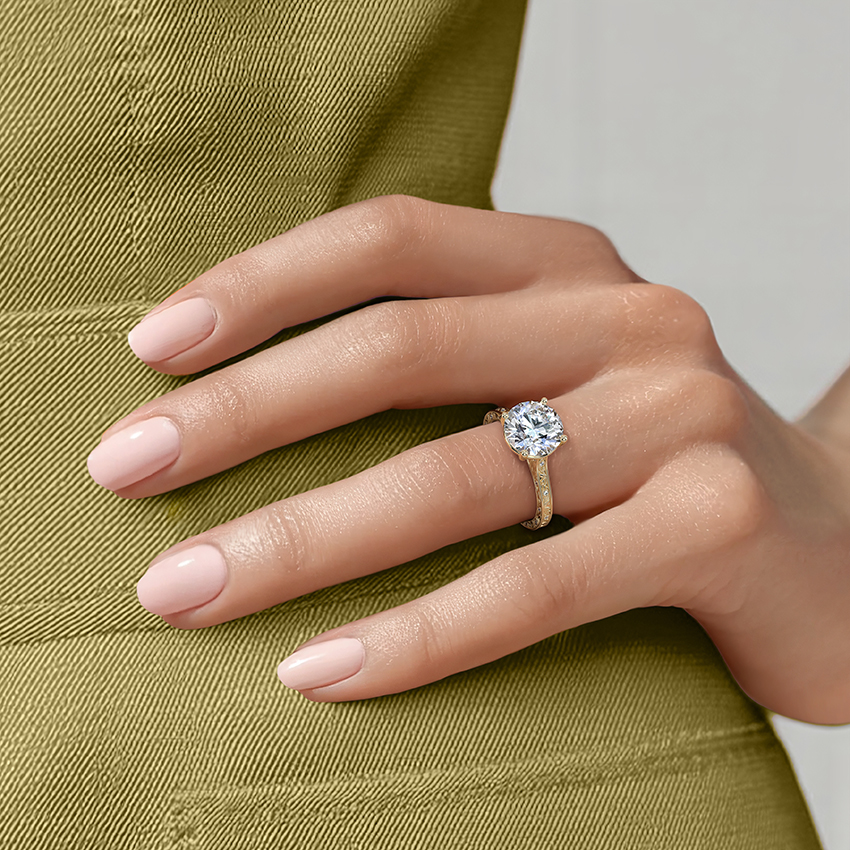 Vintage Floral Engraved Solitaire Moissanite Ring, Round Cut Diamond Ring, Unique Bridal Ring Gift for Her