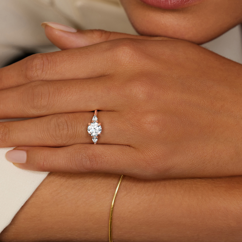 Round Cut Diamond Engagement Ring, Three Stone Pear Side Diamond Ring, Minimalist Solitaire Ring