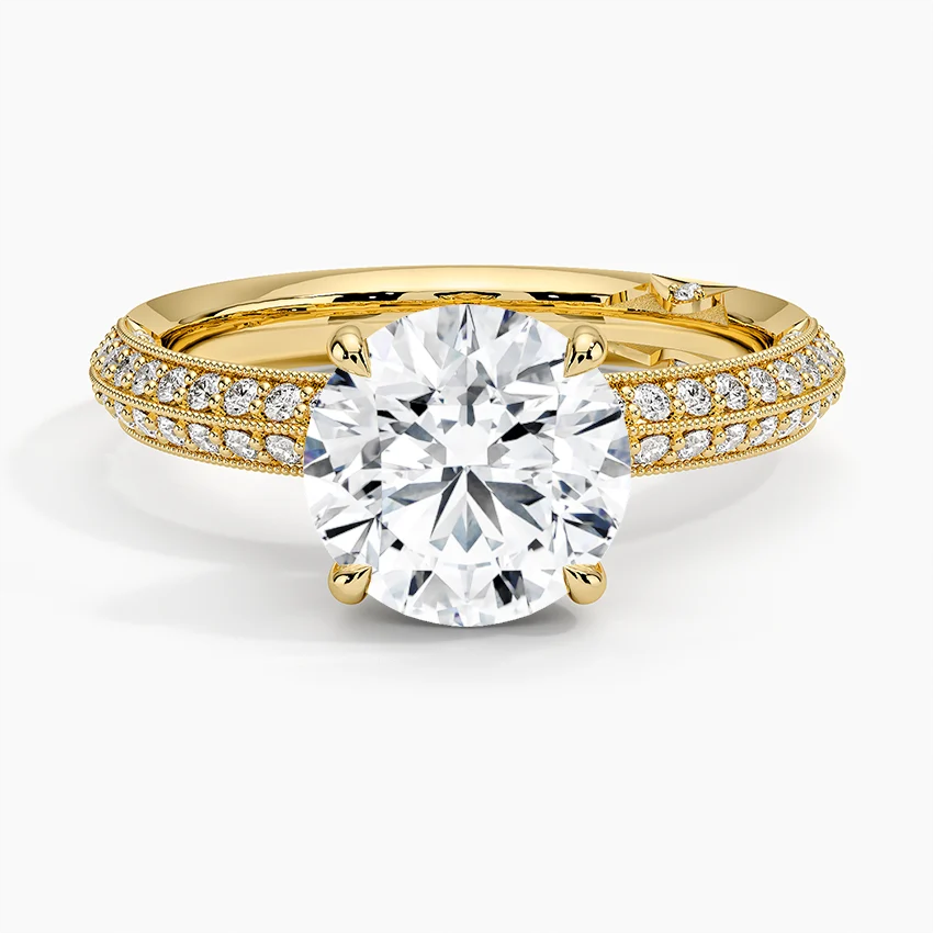 Round Cut Diamond Engagement Ring, Double Row Pave Band Ring, Promise Ring