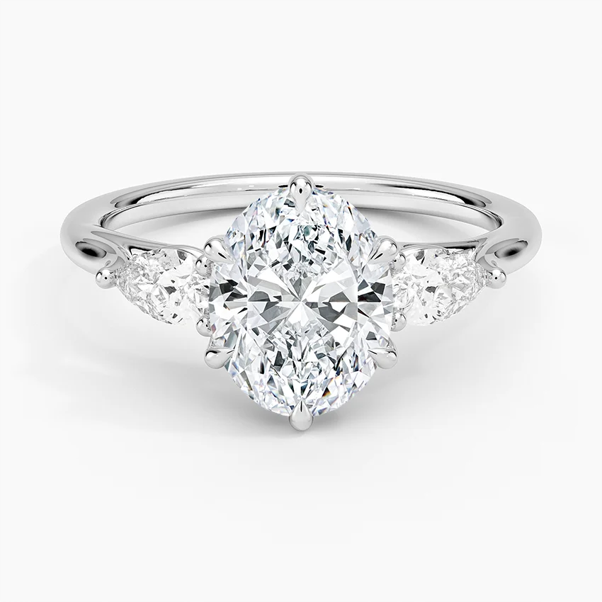 Oval Cut Diamond Engagement Ring with Pear Side Stones, Three Stone Diamond Ring, Solid Gold Ring