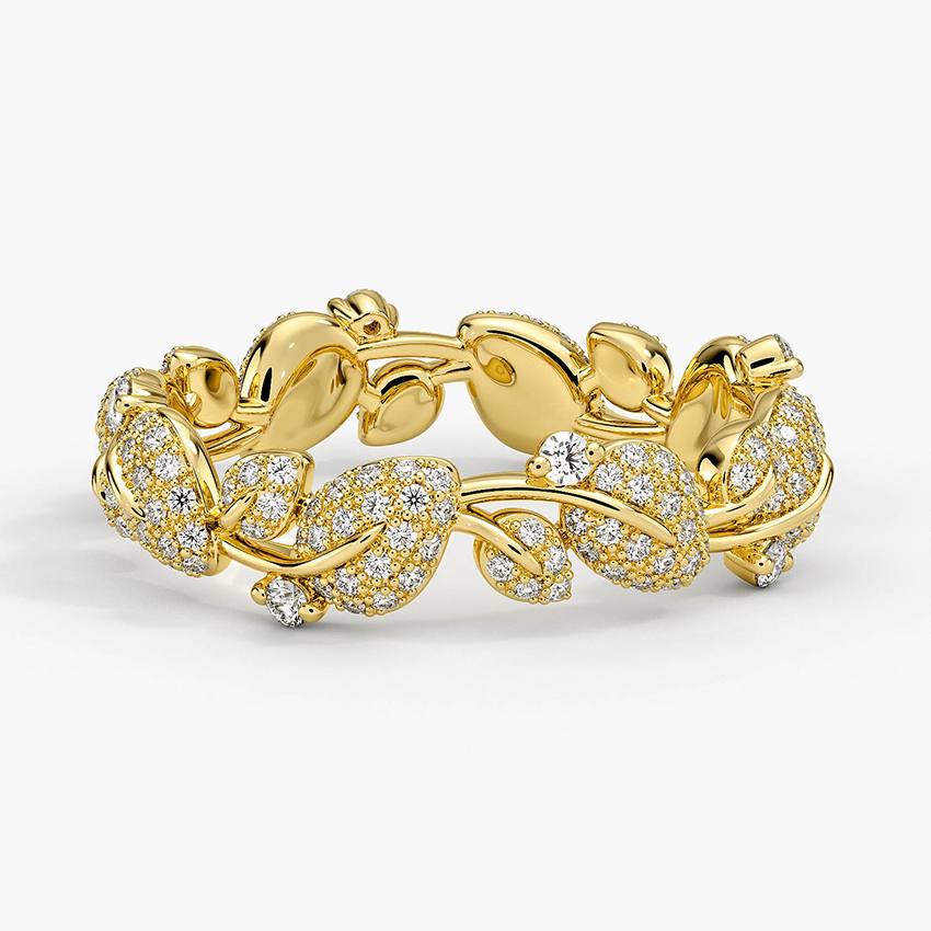Luxury Diamond Eternity Band Ring, Pavé Leaf Vine Wedding Band, Solid Gold Anniversary Ring