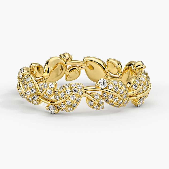 Luxury Diamond Eternity Band Ring, Pavé Leaf Vine Wedding Band, Solid Gold Anniversary Ring