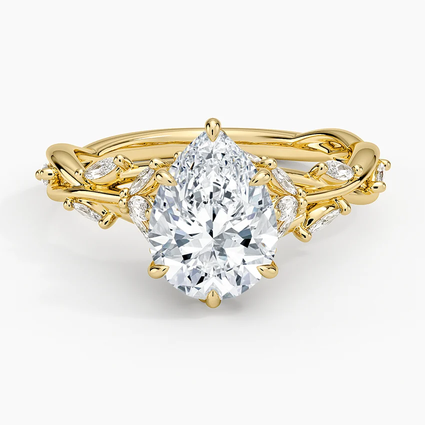 Pear Cut Moissanite Engagement Ring, Nature Inspired Vine Ring, Twisted Leaf Diamond Ring, Vintage Floral Bridal Ring, Solid Gold Promise Ring