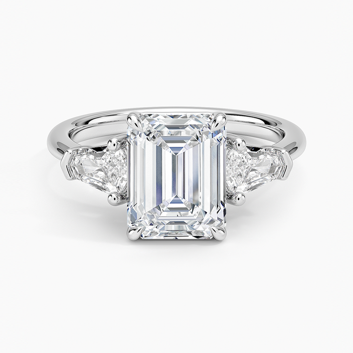 Emerald Cut Diamond Three Stone Engagement Ring, Trapezoid Side Stones, Minimalist Luxury Bridal Ring